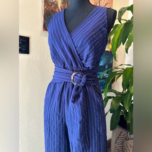 EUC Flying Tomato vibrant blue Pin Stripe strait Leg Jumpsuit crisscrossing S - Picture 5 of 9